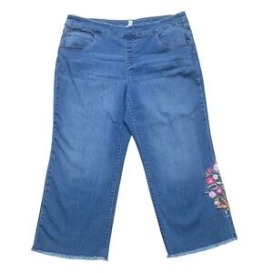 Womens Floral Embroidered Wide Leg Jeans Raw Hem Cropped